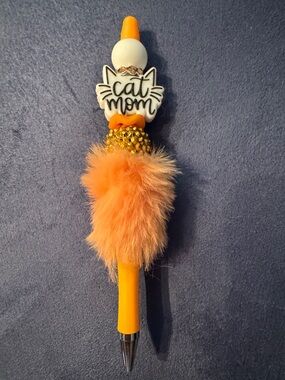 Orange Fuzzy Cat Mom Pen Accessories, NEW